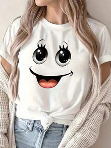 Remera con Estampado de Cara Kawaii Sonriente Cuello Redondo Básica Moda Juvenil Estilo Japonés Urbano Novedad Ropa de Mujer Aesthetic Retro - Blanco - Ver 1