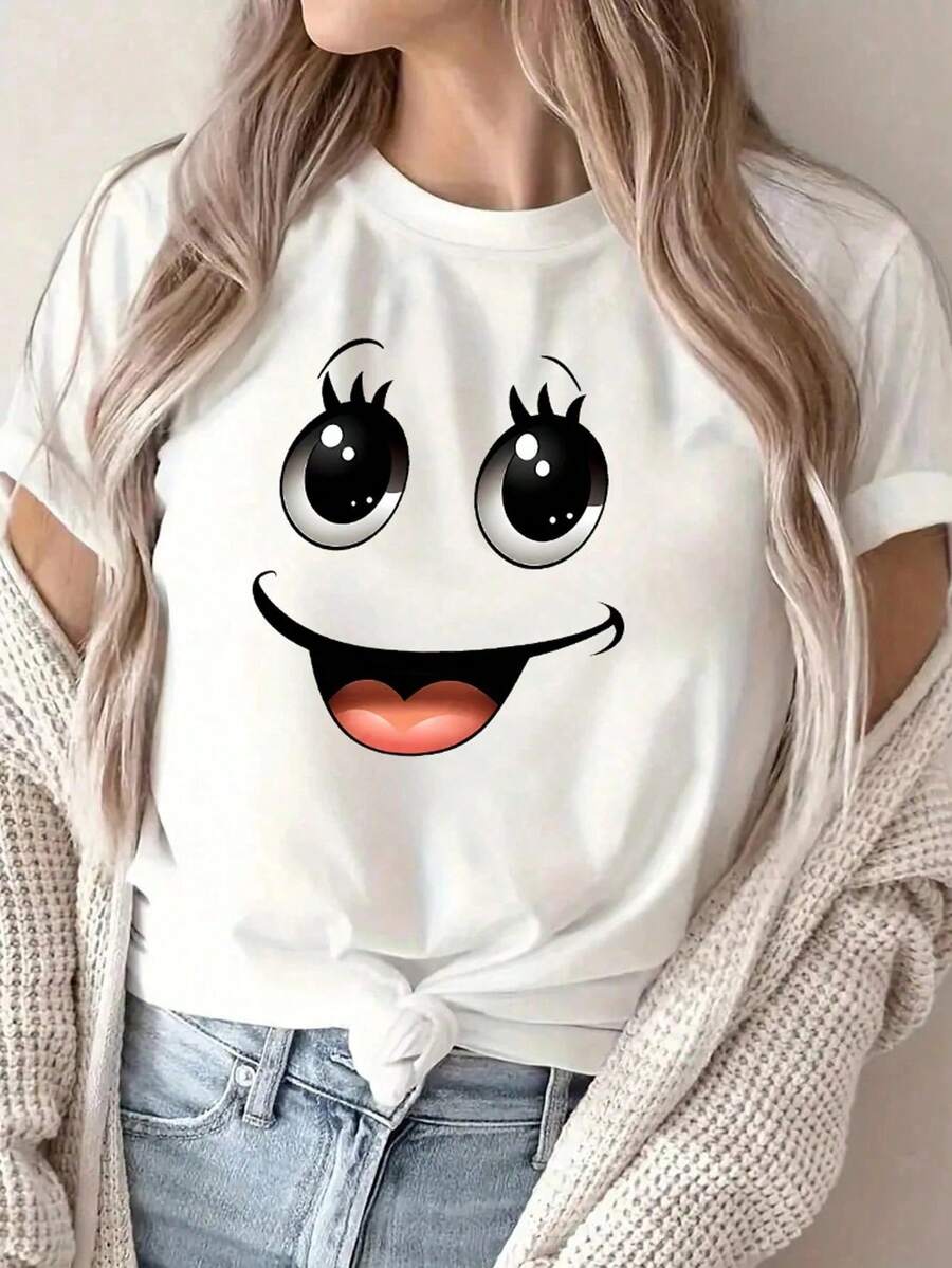 Remera con Estampado de Cara Kawaii Sonriente Cuello Redondo Básica Moda Juvenil Estilo Japonés Urbano Novedad Ropa de Mujer Aesthetic Retro - Blanco - Ver 1