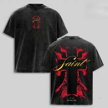 Camiseta Faith Cross vintage lavada, gráfica oversized de estilo urbano cristiano, algodón suave con lavado ácido, cruz de Jesús, unisex. - Negro - Ver 1