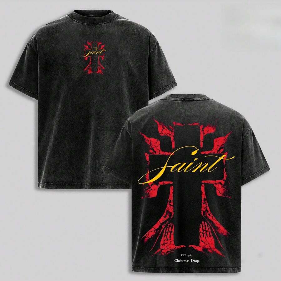 Camiseta Faith Cross vintage lavada, gráfica oversized de estilo urbano cristiano, algodón suave con lavado ácido, cruz de Jesús, unisex. - Negro - Ver 1