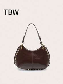 Bolso de Hombro Tipo Tote para Mujer, Estilo Retro Punk, Minimalista, con Remaches Decorativos, de Gamuza, Gótico, Punk - Café 2 - Ver 2