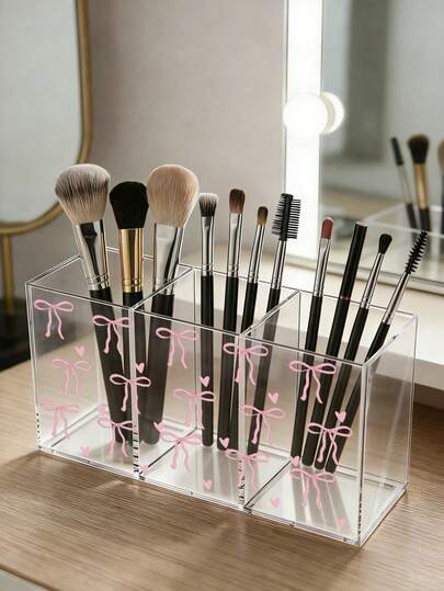 1pc Acrylic Makeup Brush Holder, Pink Bow Design, Can Be Used As Makeup Brush Rack, Bathroom Countertop Storage, Also Suitable For Kitchen, Bedroom, Living Room And Bathroom And Other Locations