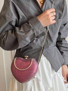 1 Buah Tas Clutch Malam Bentuk Hati Berkilau dengan Gesper Cincin Berlian Imitasi dan Tali Rantai Logam Tipis, Tas Selempang Pesta Pernikahan Gaya Gadis Manis dan Keren #HeartShapeEveningClutch #GlitterMiniBag #RhinestoneRingClasp #PartyCrossbodyPurse - Berwarna merah muda - View 7