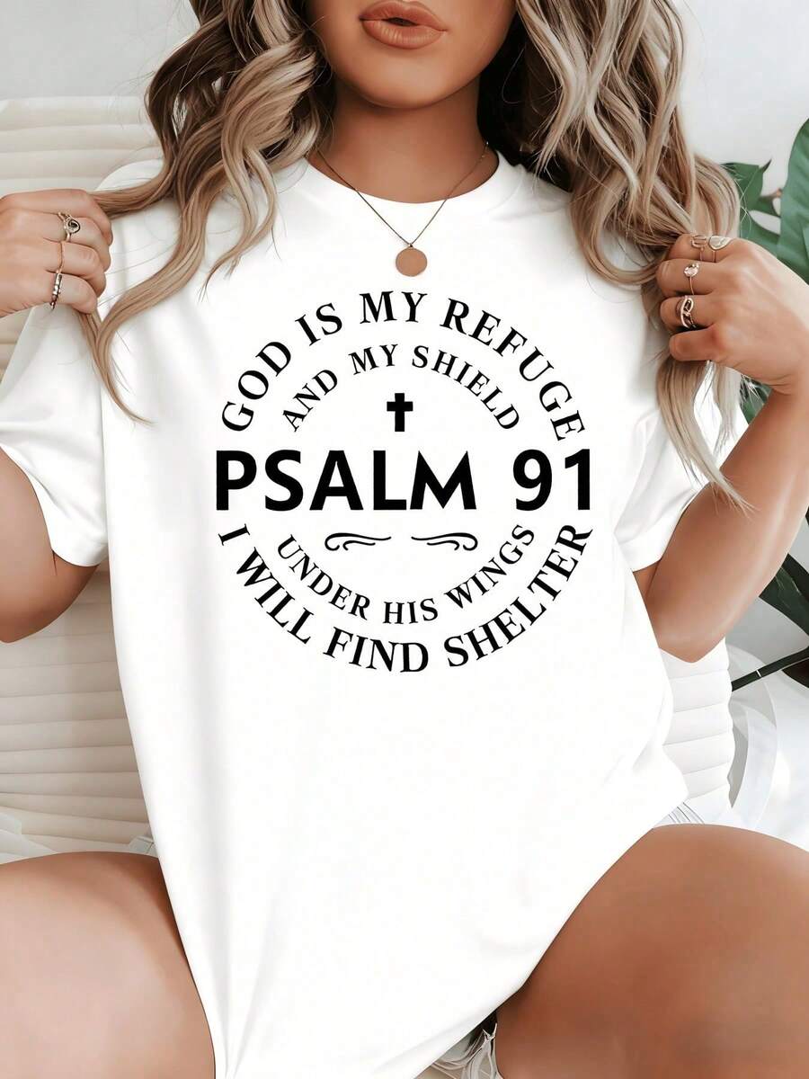 1 camiseta de algodón informal para mujer con cita religiosa sobre encontrar refugio y protección bajo alas divinas con el Salmo 91. - Blanco - Ver 1
