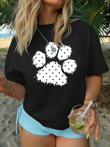 Women's Polka Dot And Paw Print T-Shirt, Quality Fabric, Relaxed Fit, Hip-Hop Street Style, Comfortable, Print Of . - 黑色 - 查看 1