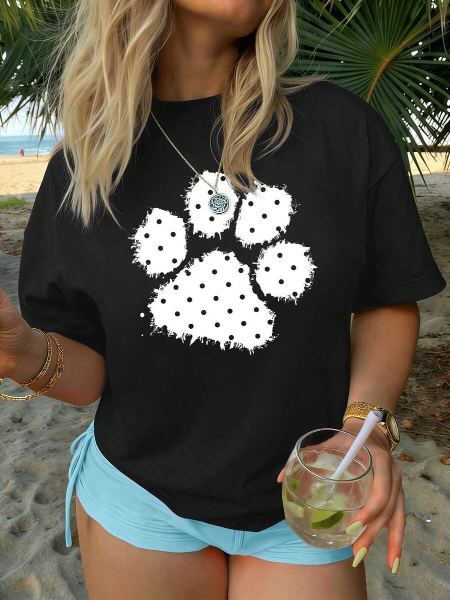 Women's Polka Dot And Paw Print T-Shirt, Quality Fabric, Relaxed Fit, Hip-Hop Street Style, Comfortable, Print Of . - 黑色 - 查看 1