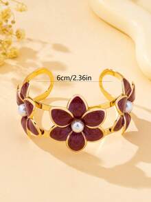 1pc Fashionable Colorful Enamel Geometric 3D Flower Open Cuff Bracelet, Acrylic Faux Pearl Accented Flower Center, Elegant Women's Floral Bracelet, Suitable For Vacation, Party, Banquet Wear - Flower Bracelet - View 5