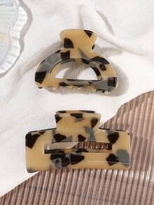 2pcs Korean Style Leopard Print Acetate Semi-Circular Square Small Yellow Jelly Hair Claw Clips, Half-Up Bun Hair Styling Clips, Flyaway Hair Organizer, Back Of Head Shark Clips, Hair Sectioning Clips, Slouchy Styling Hair Accessories, Elegant Premium Texture, Casual Streetwear, Afternoon Tea Hair Accessories - Multicolor - View 2