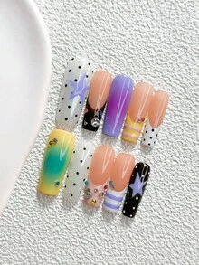 10pcs Y2K Style Handmade Press-On Nails, Polygel Nail Art Set, Star Polka Dot Stripe Color Block Design, Purple, Yellow And Brown, Minimalist Style, Includes Nail Tools, 3 Sizes Available, Almond/Duck/Coffin Shape, Suitable For Party, Dancing, Daily Wear - 彩色 - 查看 4