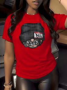 1 pieza Camiseta de Estilo Urbano con Estampado Gráfico de Pared de Ladrillos, 180g, Arte Urbano, Camiseta Casual de Cuello Redondo para Mujer, 100% Algodón, Moda Hip Hop - Rojo - Ver 1