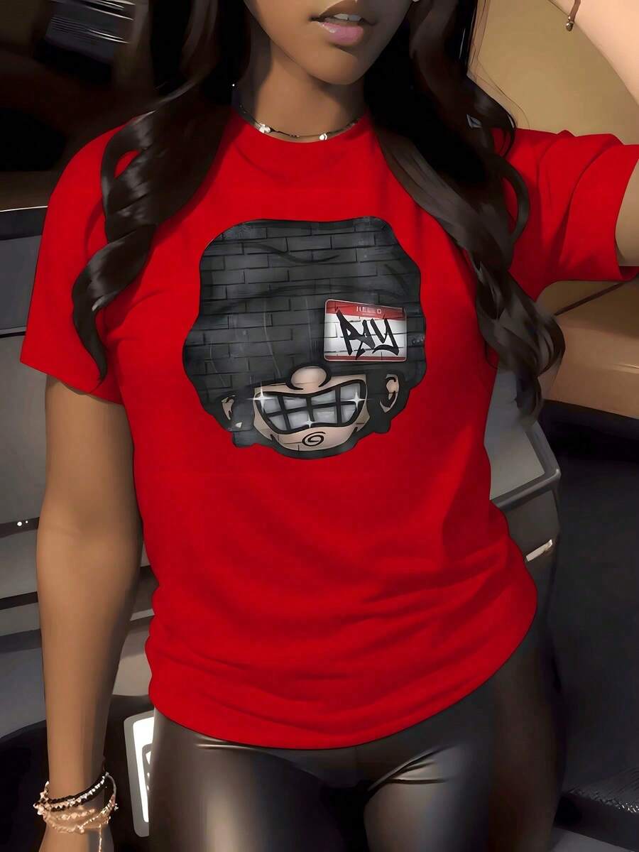 1 pieza Camiseta de Estilo Urbano con Estampado Gráfico de Pared de Ladrillos, 180g, Arte Urbano, Camiseta Casual de Cuello Redondo para Mujer, 100% Algodón, Moda Hip Hop - Rojo - Ver 1