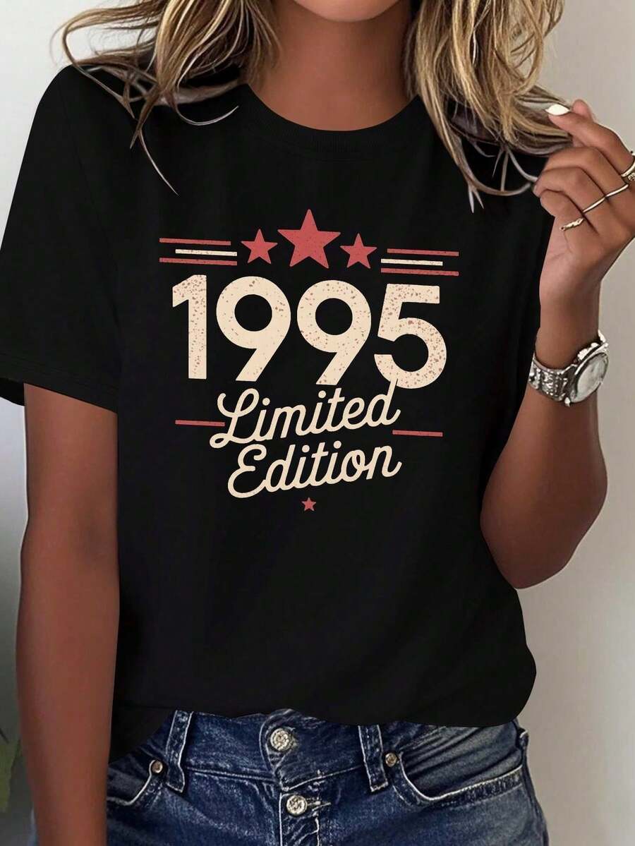 Soft1 Piece Women's Limited Edition Vintage T-Shirt From 1995 - 1995 Vintage Poster Print, Slim Fit Casual Style, Nostalgic Collectible Item, Basic Crew Ne - 黑色 - 查看 1