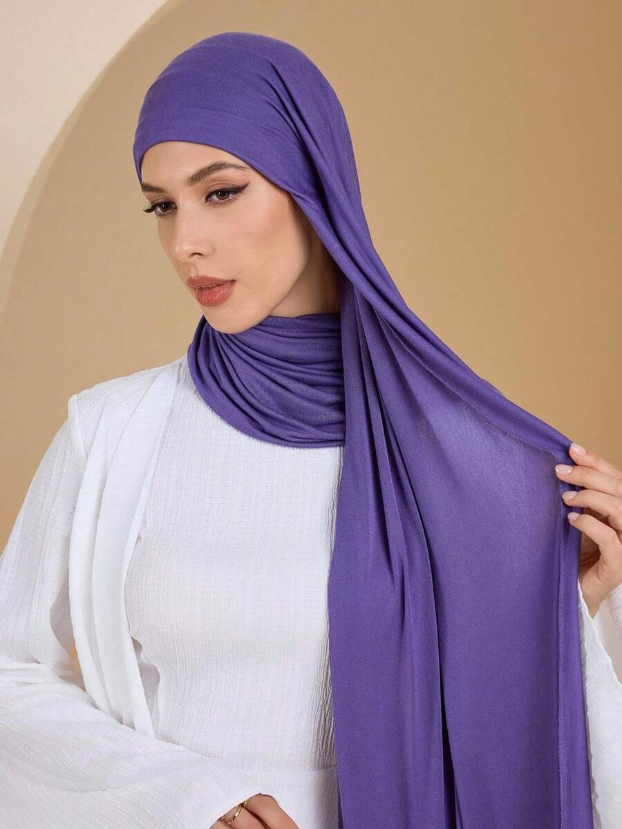 1 Piece Of Solid Color Soft Jersey Hijab, Pure Long Scarf For Women. - 香檳色 - 查看 1