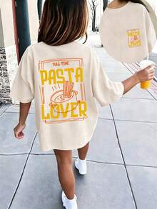 Lässiges Kurzarm-T-Shirt mit lustigem italienischem Pastamuster für Teenager-Mädchen - Aprikosenfarben - Übersicht 8