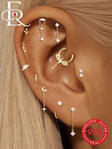 EleRunis 1PC 925 Sterling Silver Tassel Star Moon Flat Back Labret Conch Tragus Cartilage Helix Threaded Piercing Fine Jewelry For Daily Wear Party - Gold - View 13