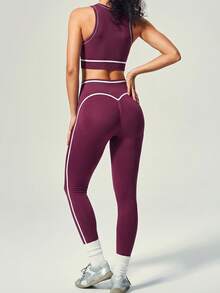UONNOU Top Cropped Feminino Branco com Decote Redondo e Acabamento Contrastante Sem Mangas & Legging Sem Costura Cintura Alta com Efeito Levanta Bumbum em Formato de Pêssego, Ultra Macio com Elasticidade 4-Way Amigável à Pele - Roxo - Visão 2