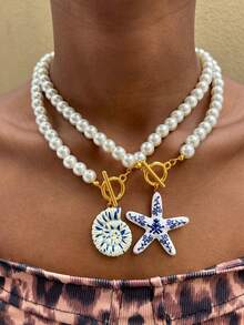 Blue And White Porcelain Starfish Shell Conch Necklace, Summer Vacation Style Handmade Beaded Stainless Steel Pendant Beach Accessory - Beaded Necklace - View 2