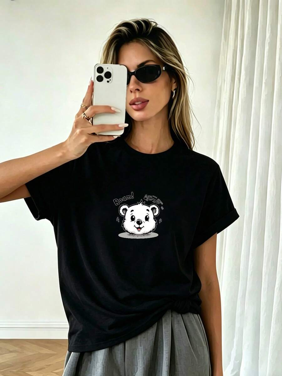 2026 Maija2026 MaijaA Short-Sleeved T-Shirt With A Round Neck And Print, With An Elegant Pleated Design, In A Modern, Casual And Simple Style, Perfect For Everyday Outdoor Wear. - 黑色 - 查看 1