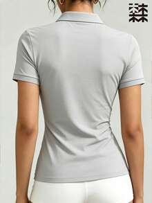 mulinsen 女款運動 Polo 衫 T-shirt，純色休閒薄款短袖上衣，輕量冰絲透氣翻領短袖，時尚鈕扣領設計，適合戶外休閒、女款高爾夫服飾、網球女裝、馬術騎乘上衣 - 深灰色 - 查看 6