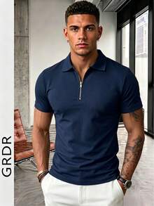 GRDR Men's Solid Color Short Sleeve Zipper Design Casual Versatile T-Shirt - Navy Blue - View 3