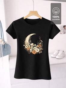 SHENDY VENDY Women's T-Shirt, 100% Cotton, Short Sleeves, Round Neck, Soft And Comfortable. Botanical Design With A Floral Crescent Moon, Natural And Elegant Style. - 黑色 - 查看 2