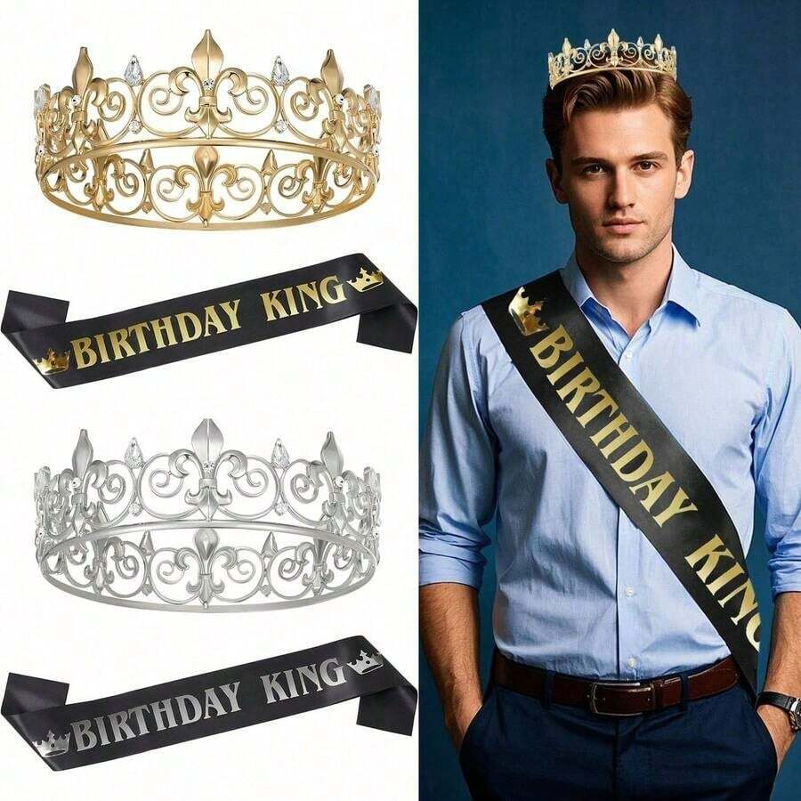 1/2 Pcs Birthday King Zinc Alloy Crown And Sash Set, Royal Gold King Crown For Men Party Decoration Prom Birthday Gifts For Men King Pageant Crown