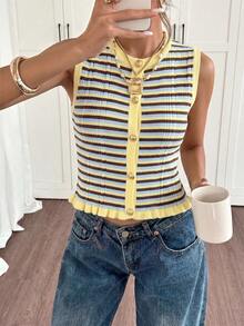 Women's Spring/Summer New Patchwork Ruffled Trim Metal Button Short Knit Vest, Striped Front Button Ribbed Embroidery Casual Beach Holiday Vest, Multi-Color Ruffled Trim Knit Vest, Summer Vest, Women's Knit Vest - Multicolor - View 8