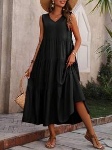 Vestido rojo sin mangas para mujer, largo tipo tiered con cuello en V, estilo bohemio casual - Rosa - Ver 6