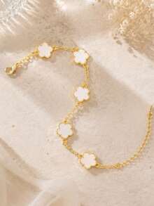 1pc Fashion Copper Flower Decor Chain Bracelet For Women For Daily Life Valentines,Mom,Mother,Mother's Day,Gift - White - View 5
