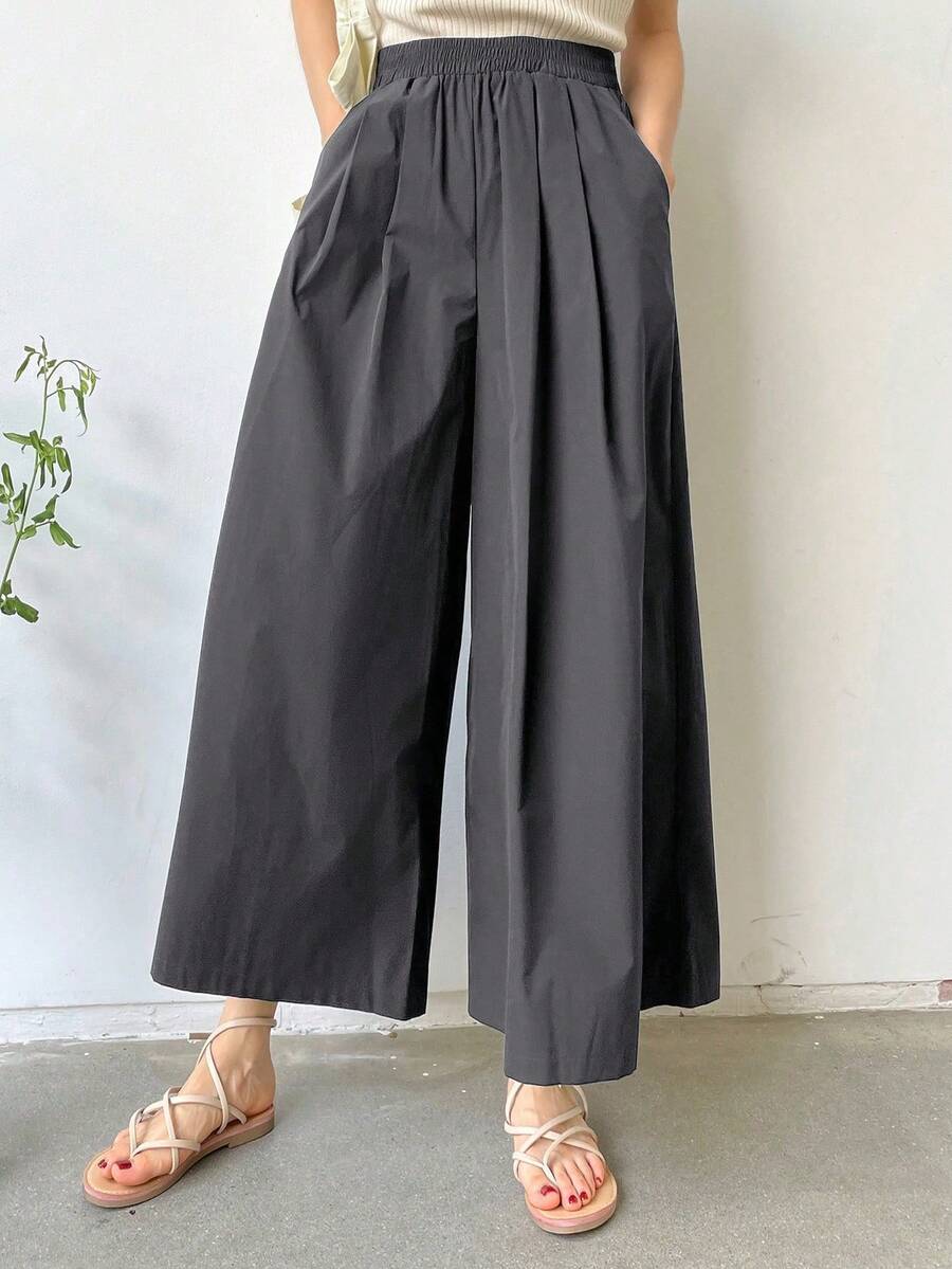 Solid Wide-Leg Leisure Trousers For Holidays - Dark Grey - View 1