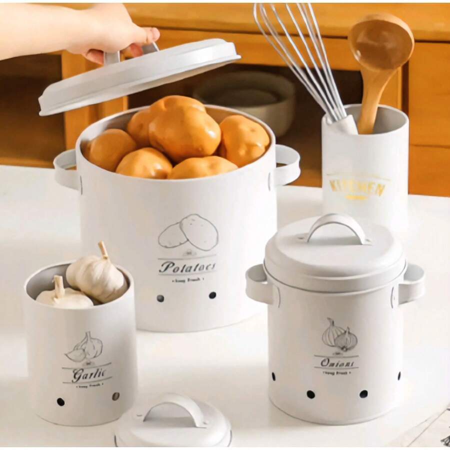 Ensemble de 3 boîtes de rangement pour pommes de terre, oignons et ail – Boîtes de stockage pour légumes pour cuisine champêtre - Voir 1