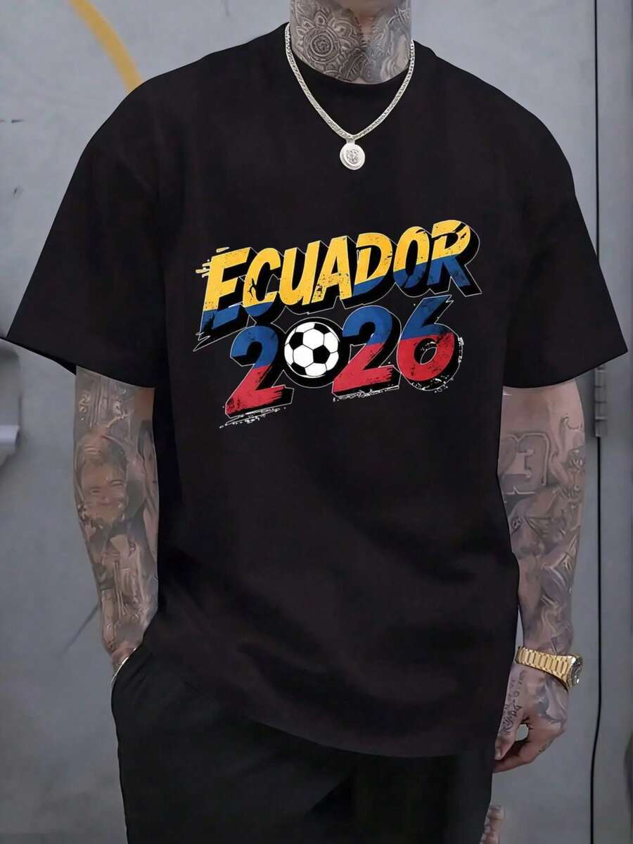 With A Modern Print And Round Neck, Unisex For Men And Women, Sportswear For Fans, White T-Shirt With National Colors And Ball Design, Ideal For Party Gifts - 黑色 - 查看 1