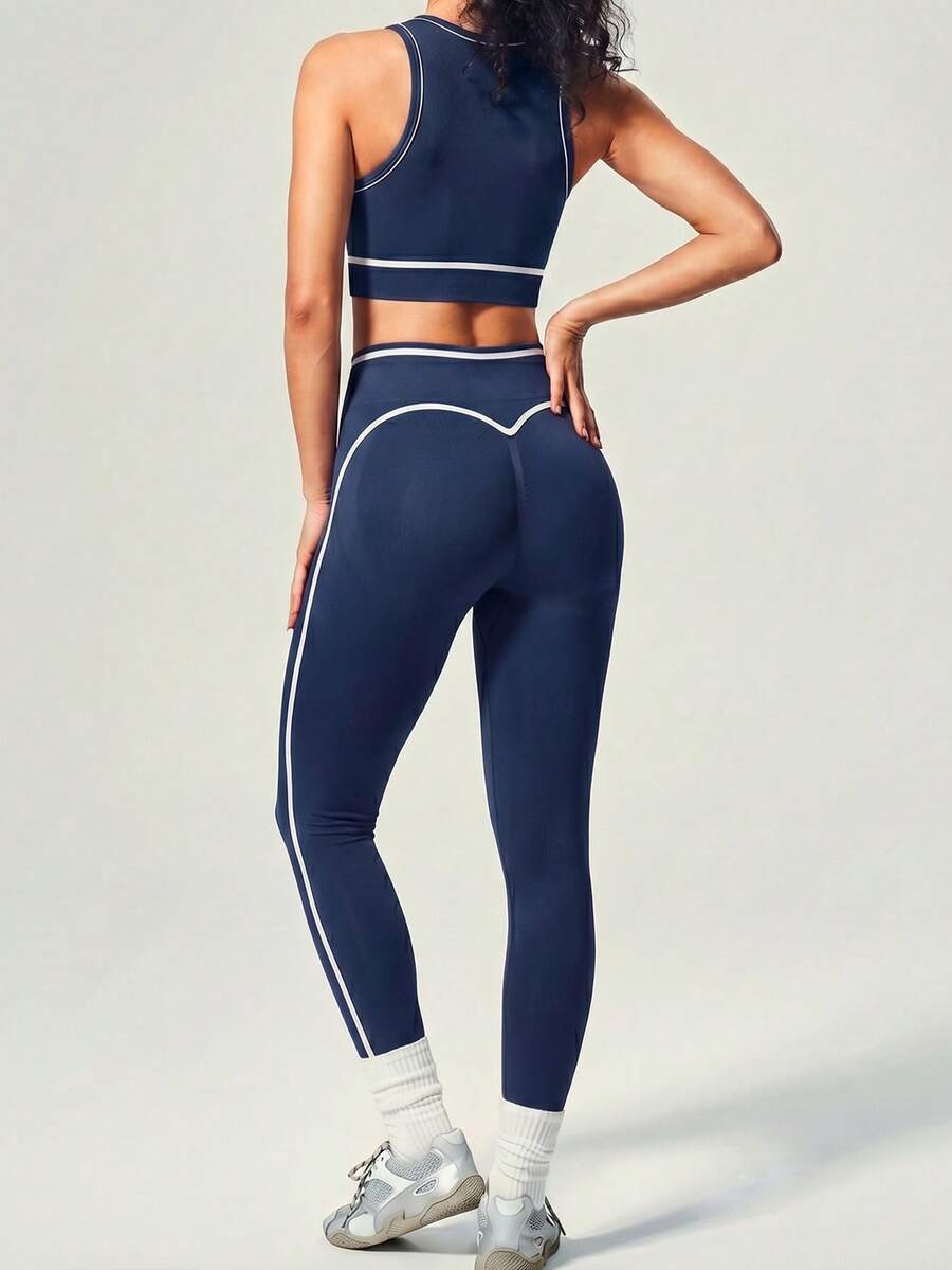 UONNOU Women's Crew Neck Contrast Trim Sports Top + High Waist Heart-Shaped Butt-Lifting Seamless Leggings 2-Piece Set, Multiple Colors, Spring/Summer - Navy Blue - View 1