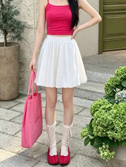 女款防走光休閒白色喇叭裙褲，無彈性梭織面料迷你裙，夏季穿搭理想選擇