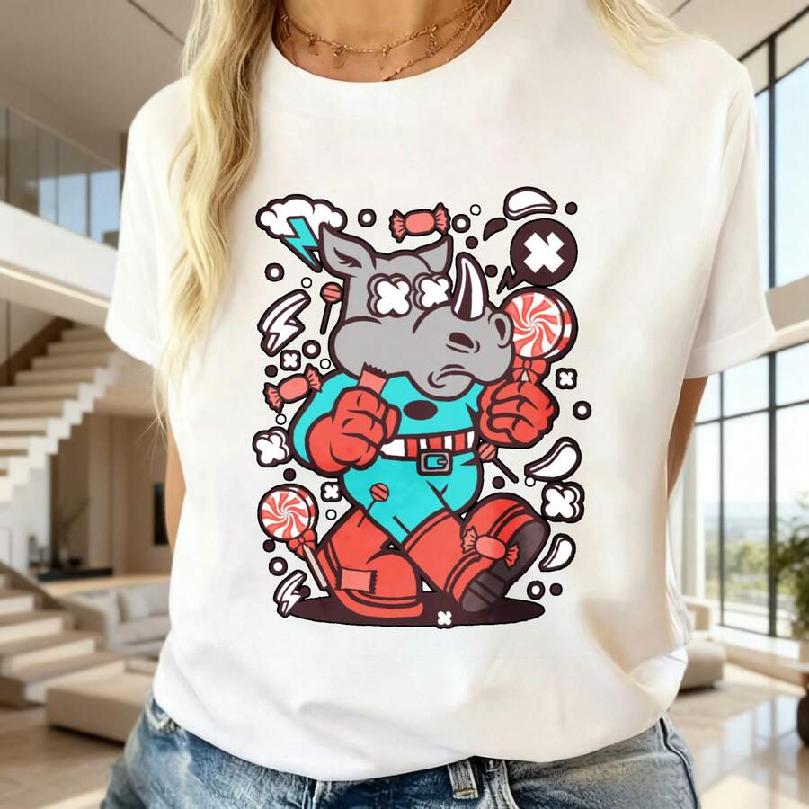 Mujer, Estilo Casual, Rinoceronte Kawaii con Dulces, Camiseta de Manga Corta Cuello Redondo, Verano Cómoda para Uso Diario - Blanco - Ver 1