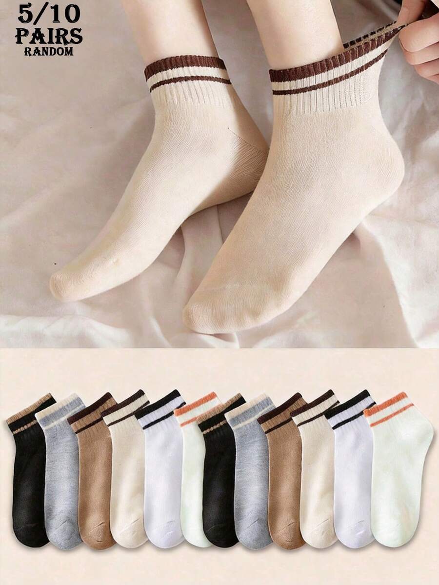 5/10 Pairs [Random Shipment] Women's Short Socks, Cute Socks, Girls Socks, Double-Line Anti-Slip Design, Breathable Mesh Sweat-Wicking Design, Soft And Comfortable, Suitable For Daily Wear, Home Sports, Office Attire, College Style Design, Suitable For All Seasons And Various Holidays, Invisible Socks And Short Socks
