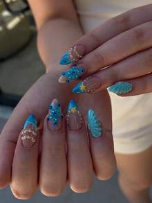 Mude suas unhas com 24 peças/conjunto de formato amendoado médio-longo com elementos de estilo oceânico, design elegante e luxuoso de glitter azul francês com estrela pérola e estrela-do-mar dourada com strass, unhas postiças de cobertura total, inclui 1 peça de cola de gelatina e 1 peça de lixa de unha, adicione um toque de charme às suas unhas, perfeito para todas as mulheres/meninas para uso diário, festas, essencial para férias de verão na praia, arte de unhas - Multicolorido - Visão 1