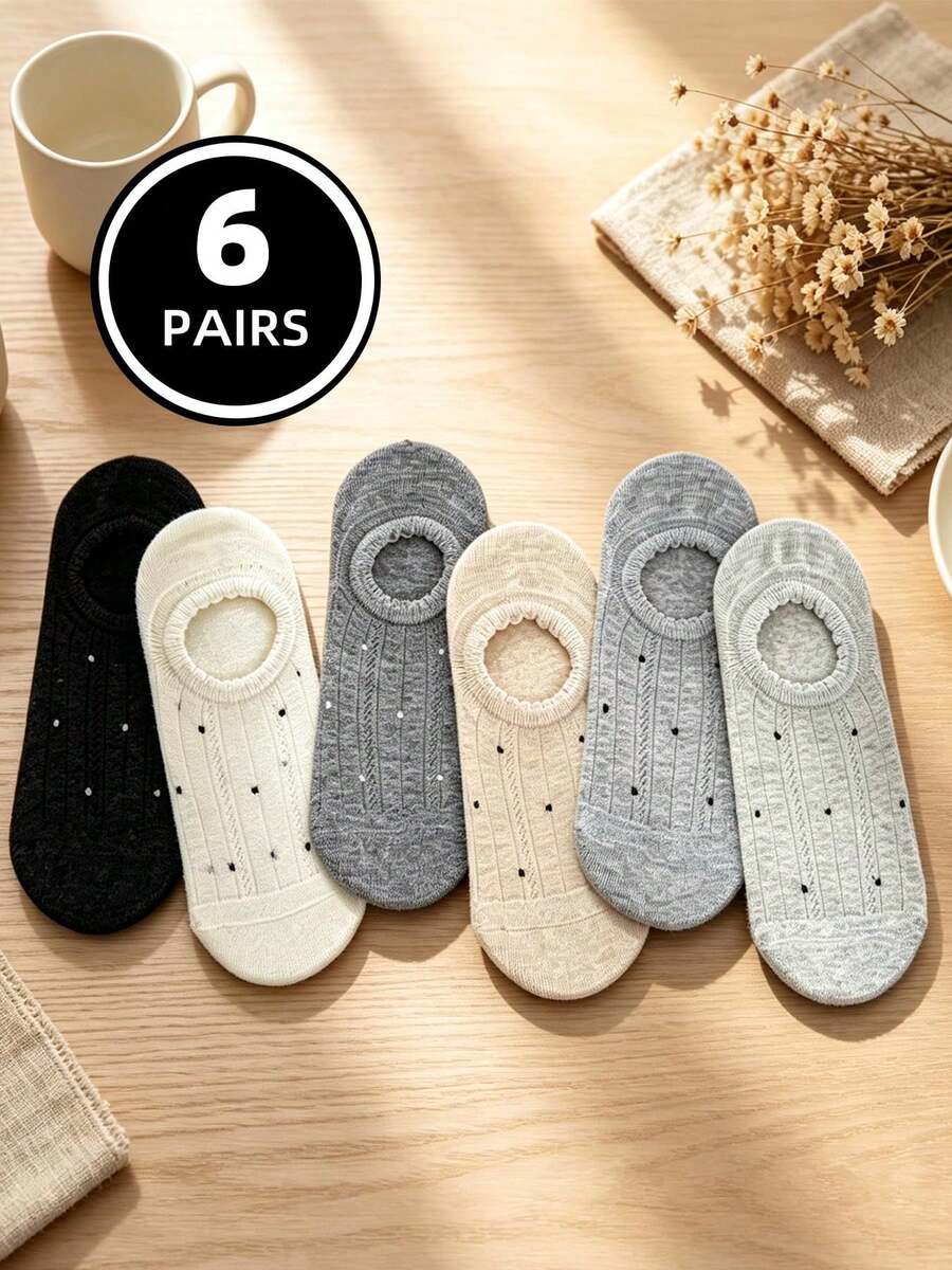 6 Pairs Women's Aesthetic Polka Dot Hollow Invisible Boat Socks, Ruffle Edge Anti-Slip Design - Multicolor - View 1