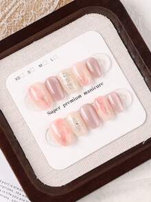 10pcs Short Round Handmade Press-On Nails, Soft Pink Marble Gradient Glitter Nude False Nails, Glossy Silver Foil Swirl Design, Reusable Full Coverage Women's Fake Nails, Suitable For Daily Office, Date, Wedding Manicure - Baby Pink - View 4