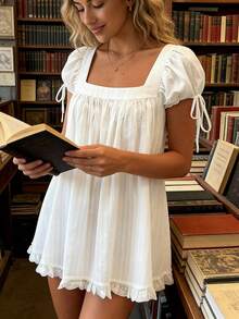Short Sleeve Maternity Dress For Women Square Neck A-Line Mini Ruffled Dresses For Daily Shopping Office Travel - White - View 9