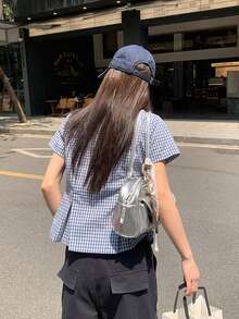 女款藍色格紋短袖襯衫 夏季新款 收腰翻領 小版韓風上衣 - 淺藍色 - 查看 3