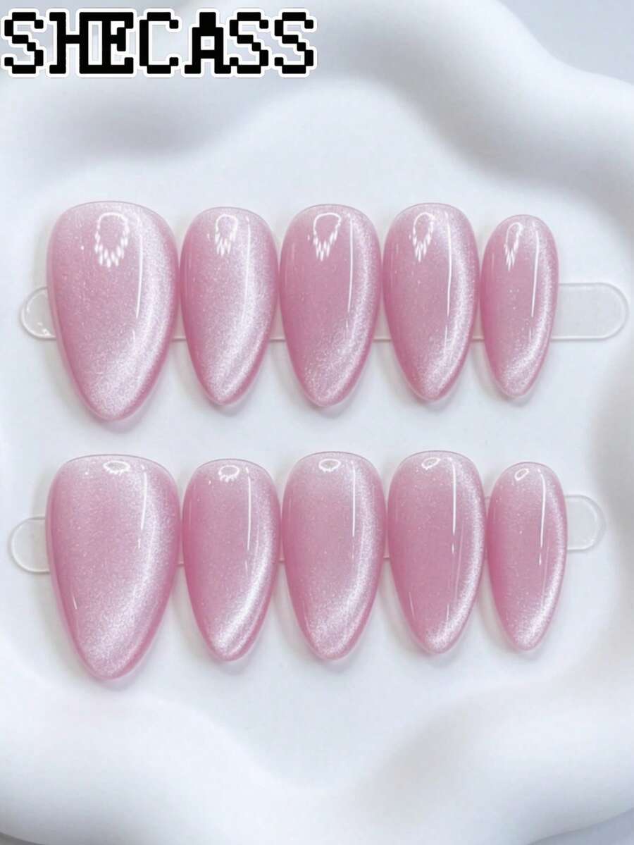 Shecas 10 piezas de uñas postizas de alta calidad con forma de almendra, uñas cortas con efecto ojo de gato, uñas nude estilo Y2K, uñas de verano, uso diario, graduación, viajes, vacaciones, regalos, adecuadas para fiestas y festivales de música, uñas rosa nude - Multicolor - Ver 1