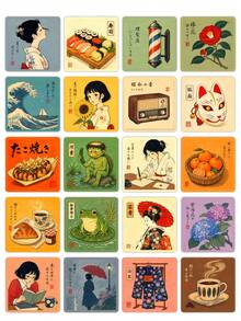 50pcs Light Academy Style Japanese Retro Material Stickers, Ukiyo-E Reading Lady Cat Traditional Landscape Waterproof Stickers, Suitable For Junk Journal, Book Lovers Decoration - Fresh and Clean - View 7