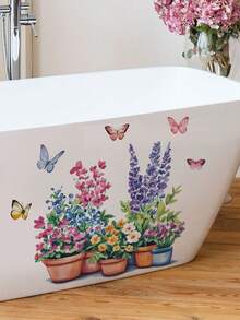 1pc Watercolor Potted Flower Butterfly Wall Sticker, Ins Pastoral Style Lavender Hydrangea Daisy Floral Art Self-Adhesive Paper, Waterproof Oil-Proof Removable No Residue No Damage To Wall, DIY Free Combination, Kitchen Cabinet Living Room Bedroom Rental Apartment Cabinet Door Blank Wall Surface Renovation Fresh Healing Home Decor Sticker - Wall Stickers - View 4