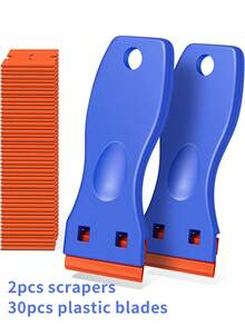2pcs Plastic Scraper With 30pcs Double-Edge Plastic Blades, For Removing Labels, Stickers And Decals From Glass Windows - Multicolor - View 1