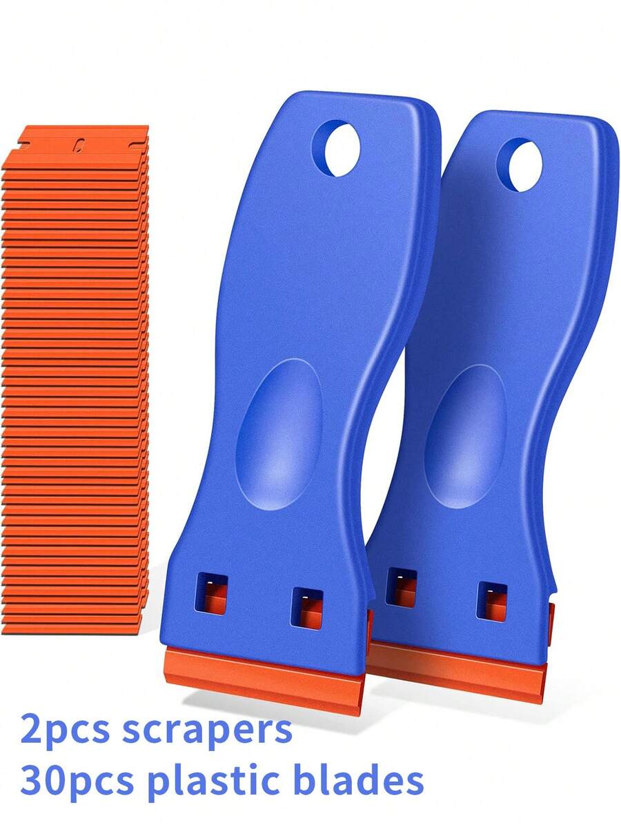 2pcs Plastic Scraper With 30pcs Double-Edge Plastic Blades, For Removing Labels, Stickers And Decals From Glass Windows - Multicolor - View 1