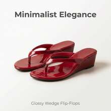 Burgundy Red Glossy Wedge Flip Flops, Soft Suede Lining, Comfortable Summer Women's Sandals, Suitable For Daily And Vacation Wear - Red - View 9