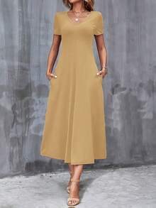 Vestido Casual Cuello en V Manga Corta con Bolsillos.Color Sólido, Lavable aáquina, Versátil para Todas las Estaciones. - Verde - Ver 4