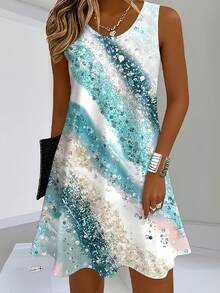 [Vestido floral para mujer] Vestido casual de fibra sedosa con estampado floral digital para mujer, primavera/verano, estilo europeo y americano - Azul - Ver 7