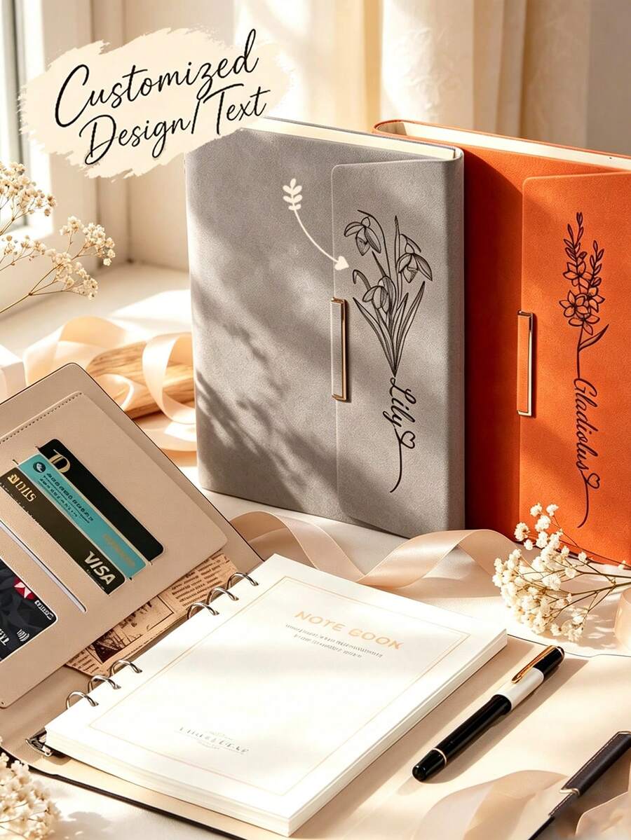 Cuaderno de cuero personalizado con nombre, juego de diario A5 de hojas sueltas personalizado con bolígrafo a juego, regalo de Día del Maestro, graduación, papelería de oficina, útiles escolares - multicolor - Ver 1